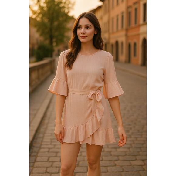 ASTR The Label Dresses & Skirts - ASTR the Label Blush Pink Ruffle Bell Sleeve Faux Wrap Mini Dress - Size Medium